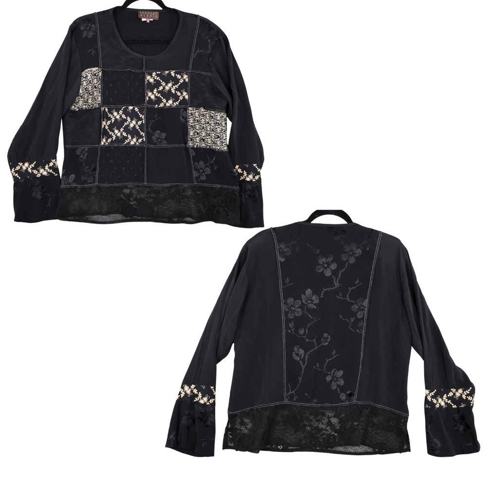 Spencer Alexis Patchwork Embroidered Top Women 14 Black Whimsigoth Eclectic Boho